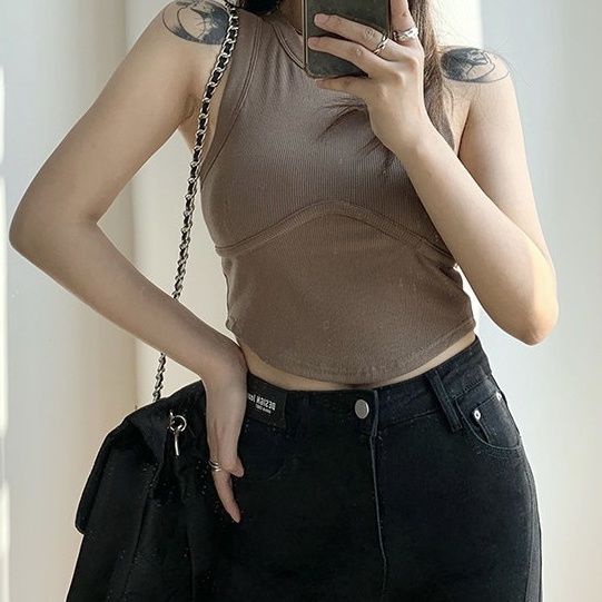 Áo croptop Xiaozhainv sát nách cổ tròn ôm dáng phong cách Hàn Quốc quyến rũ cho nữ