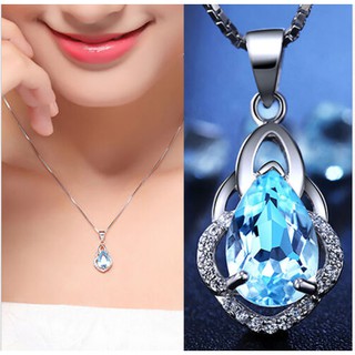 Dây chuyền bạc hình giọt nước mắt xanh dương lấp lánh cho phái nữ