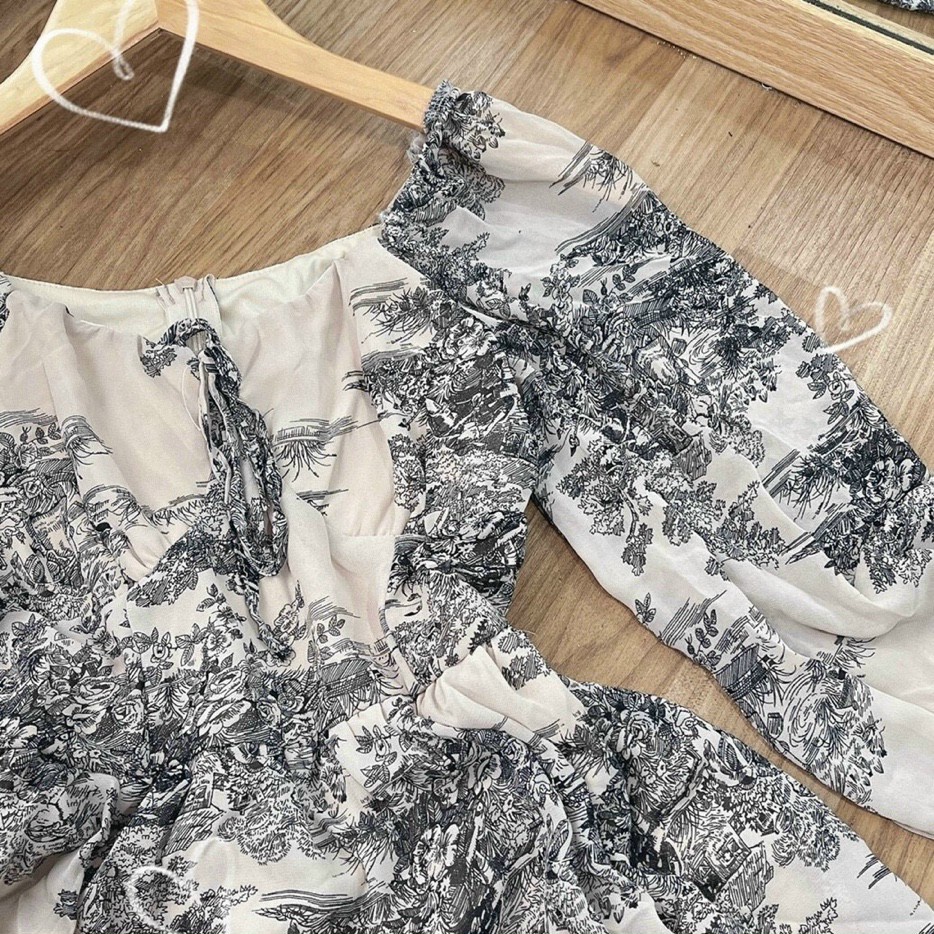 Đầm xòe công chúa dự tiệc cưới, váy hoa tay dài cổ vuông cột dây ngực - HN7