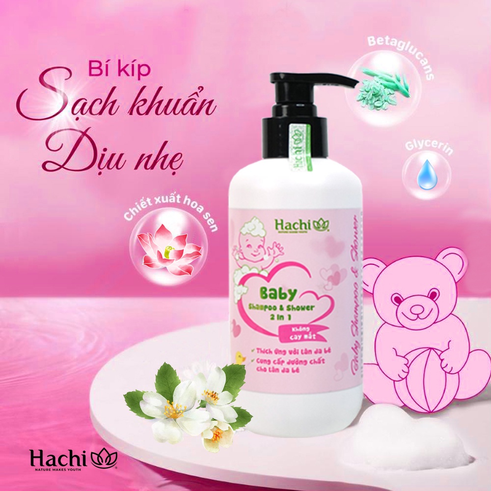 Dầu tắm gội trẻ em Hachi 2 Trong 1 Không Cay Mắt Dành Cho Bé 350ml Màu Hồng