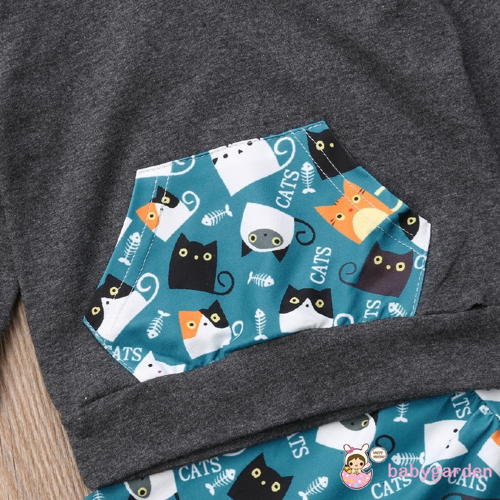 Áo hoodies có tai có quần dài in hình mèo con dễ thương cho bé