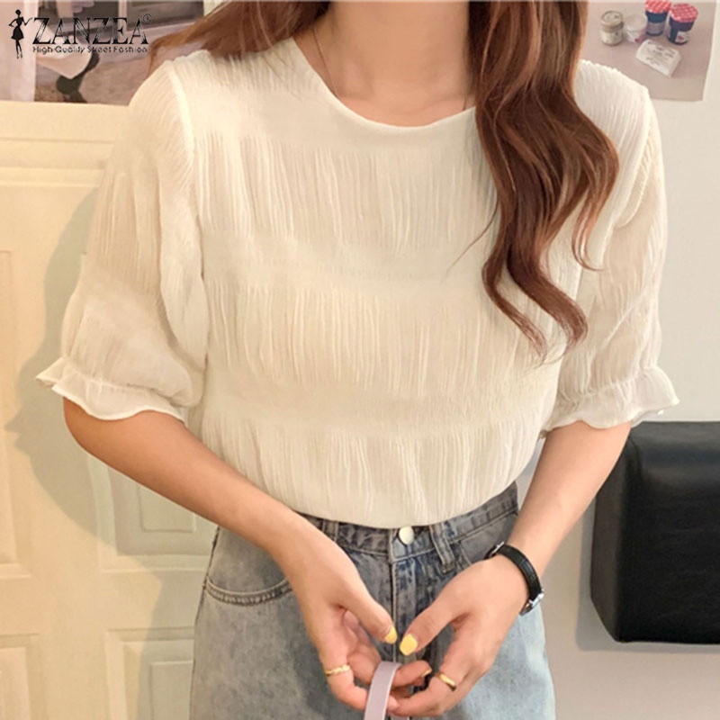 Áo kiểu ZANZEA tay ngắn cổ tròn phong cách Hàn Quốc thời trang cho nữ