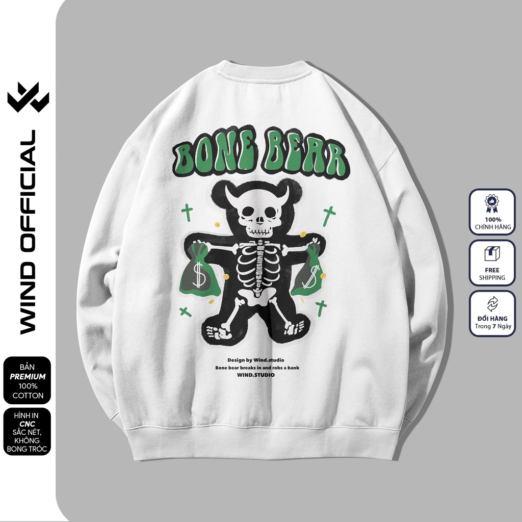 Áo sweater form rộng WIND unisex Bone Bear oversize tay dài thời trang nam nữ ulzzang