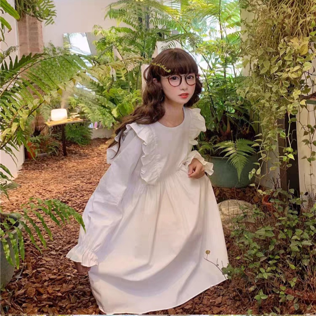 Loli Dress - Váy Babydoll Bèo Dài Tay Tiểu Thư Thư Viền Dây Nơ Mặc 2 Kiểu Trước Sau - Váy Đầm Nữ Phối Bèo Bo Gấu Trắng Đ