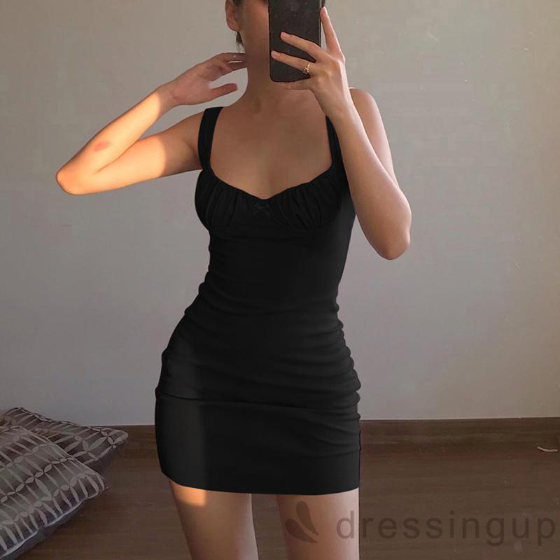 DRESSINGUP-Đầm Yếm Nữ Cộc Tay Cổ Tròn Xếp Ly Quyến Rũ
