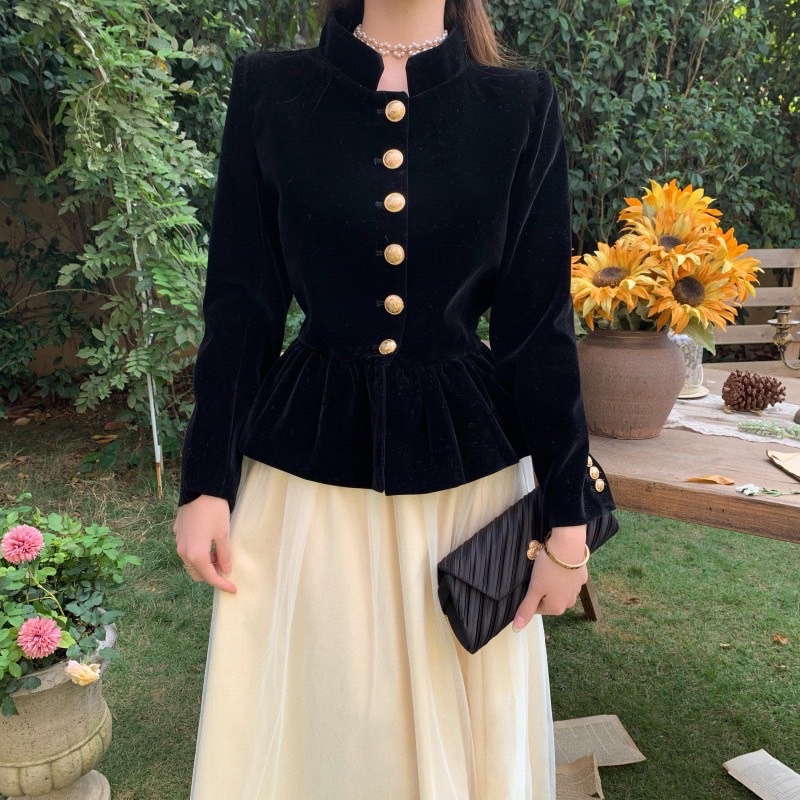 Áo nhung peplum hàng cúc tiểu thư siêu đẹp