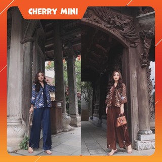 [Ảnh thật] Set Bộ Đồ Lam Đi Chùa Vải Lụa LV Nâu - Xanh - S1824 Cherry