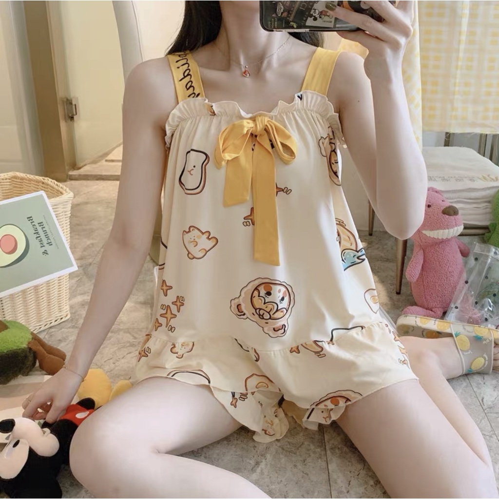 Đồ bộ nữ -Đồ mặc nhà SALE Bộ đồ ngủ 2 dây đính nơ dễ thương bigsize thun mền mát, đồ ngủ nữ mặc nhà sau sinh
