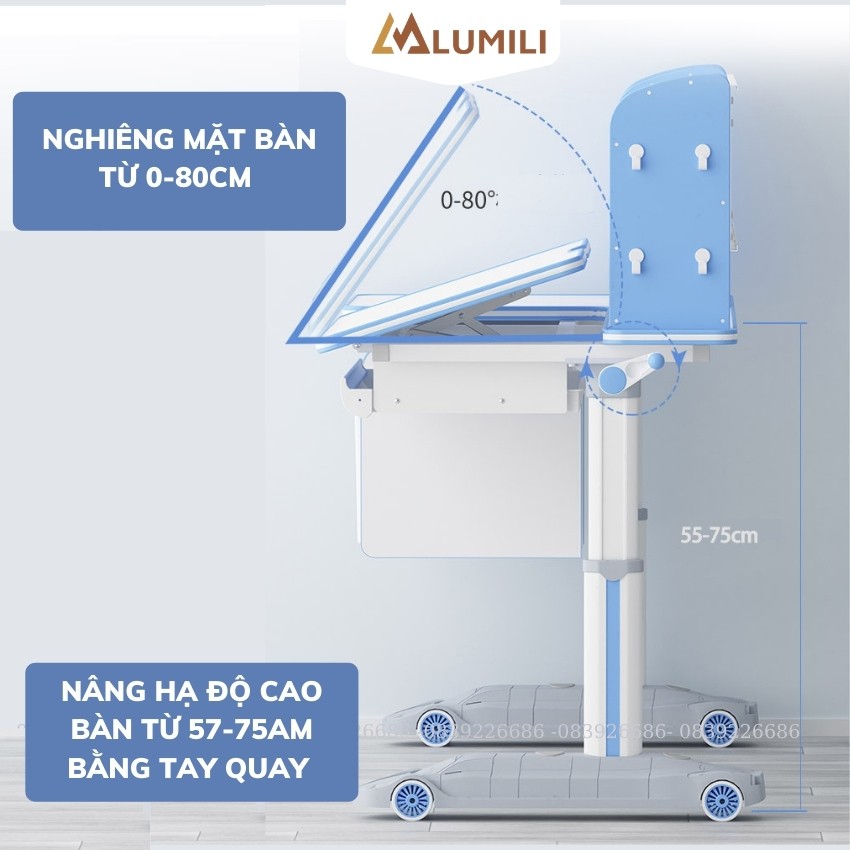 bàn học sinh trẻ em có giá sách lớn H10 PROMAX cao cấp nghiêng mặt bàn thông minh, tay quay nâng hạ chống gù chống cận