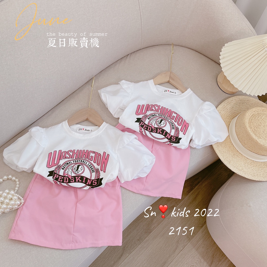 Sét áo thu kèm cv cho bé gái, set áo cotton tay bồng họa tiết Washington kèm chân váy hồng siêu xinh cho bé sz 10-33kg