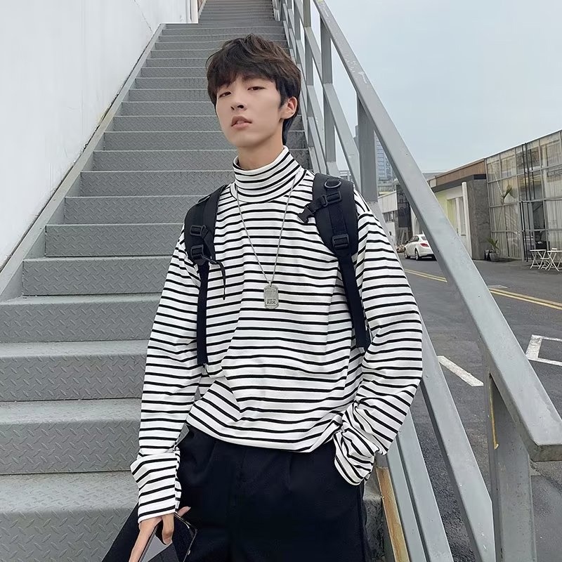 Áo Thun Cổ Lọ Tay Dài Dáng Rộng Họa Tiết Kẻ Sọc Phong Cách Hàn Quốc Thời Trang Xuân Thu Cho Nam Và Nữ