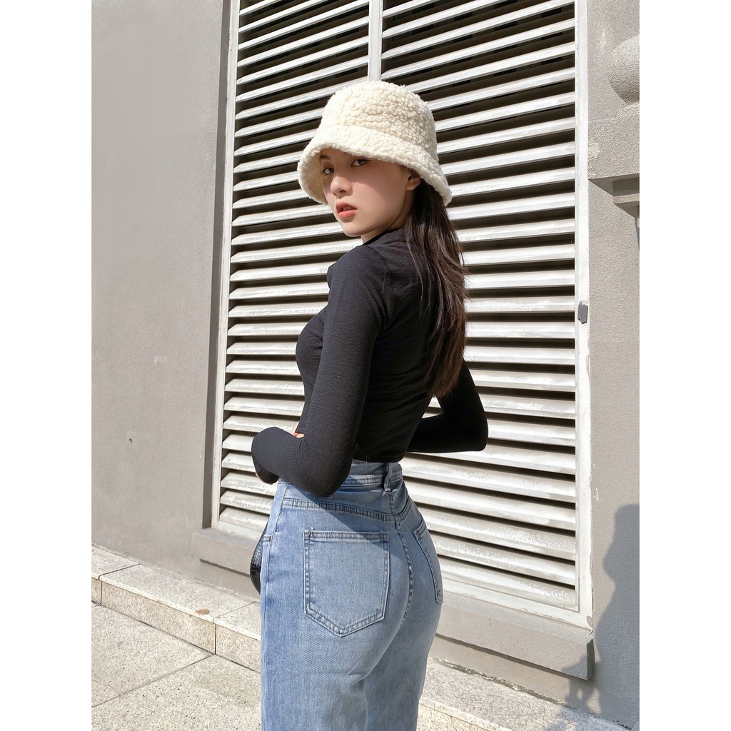 Áo croptop Oversized tay dài cổ sơ mi dây kéo ngắn, tay ôm [VN1]