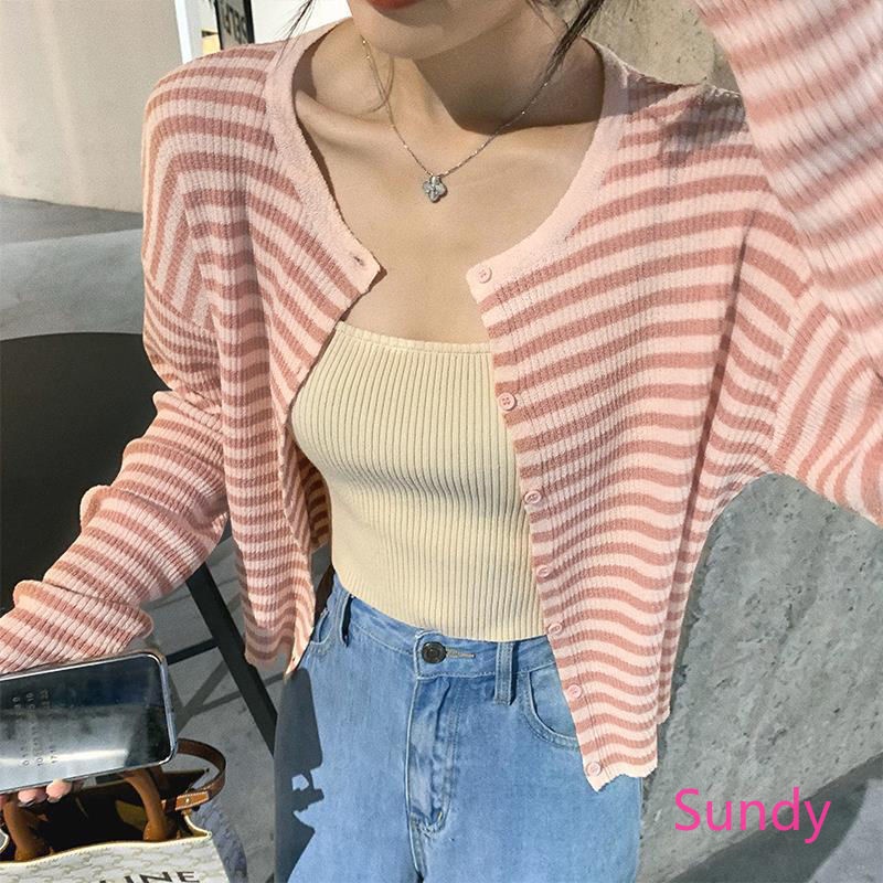 Áo cardigan dệt kim cổ tròn dáng rộng kẻ sọc phong cách retro Hàn Quốc cho nữ