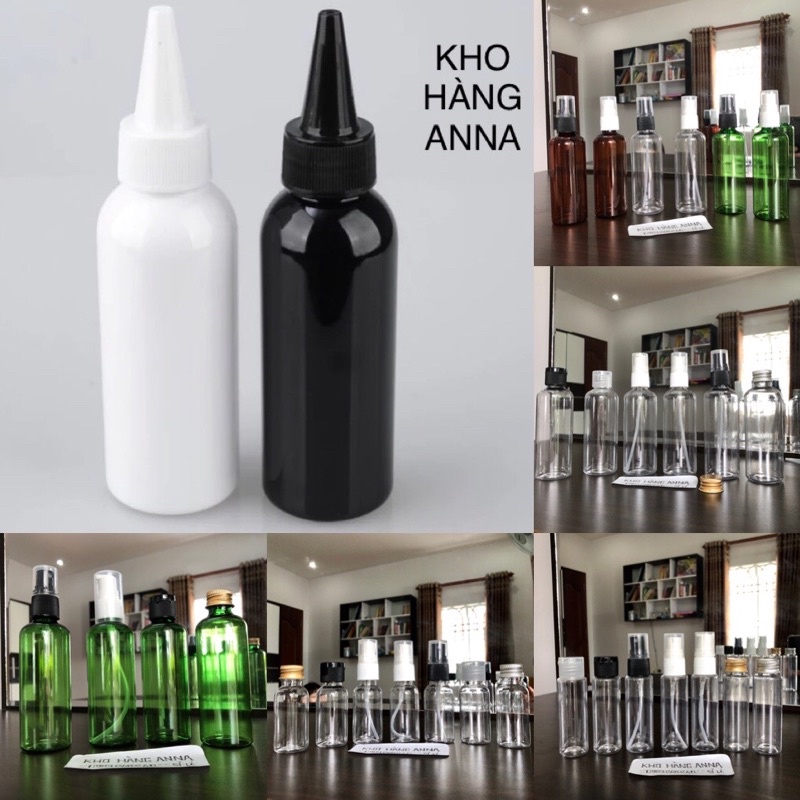 Chai Nắp Nhọn / nắp vặn 100ml / 50ml/ 30ml/ 20ml - Bình nhựa Trong suốt/ nâu/ Xanh / trắng nắp nhọn