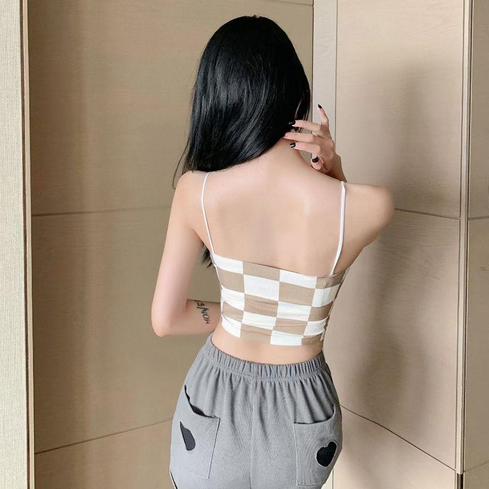 OCEANMAP Áo Lót Croptop Hai Dây Họa Tiết Caro Hở Lưng Xinh Xắn Cho Nữ