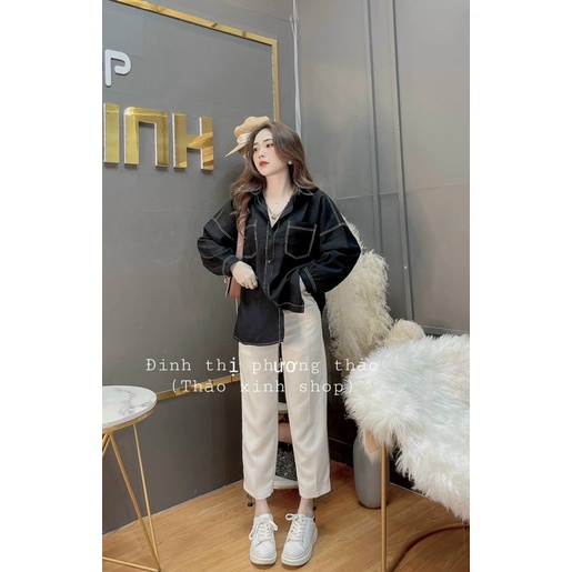 ÁO SƠ MI DÀI TAY TRẮNG ĐEN VIỀN CHỈ NỔI CHO NỮ, Sơ mi tay bo đỏ trắng