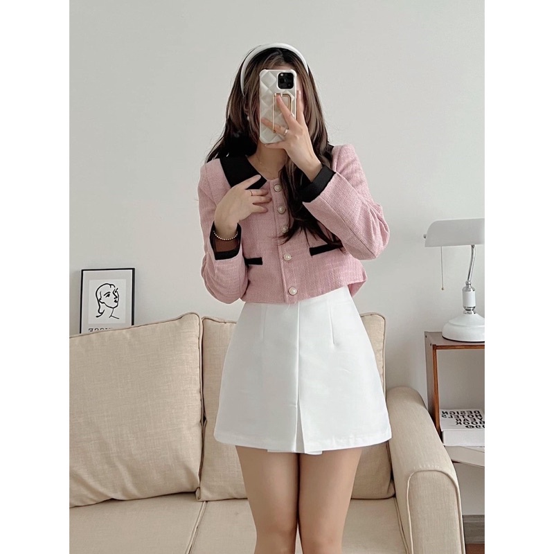 Áo dạ tweed nữ crotop Ulzzang dài tay cổ sen viền đen 2 lớp phong cách tiểu thư