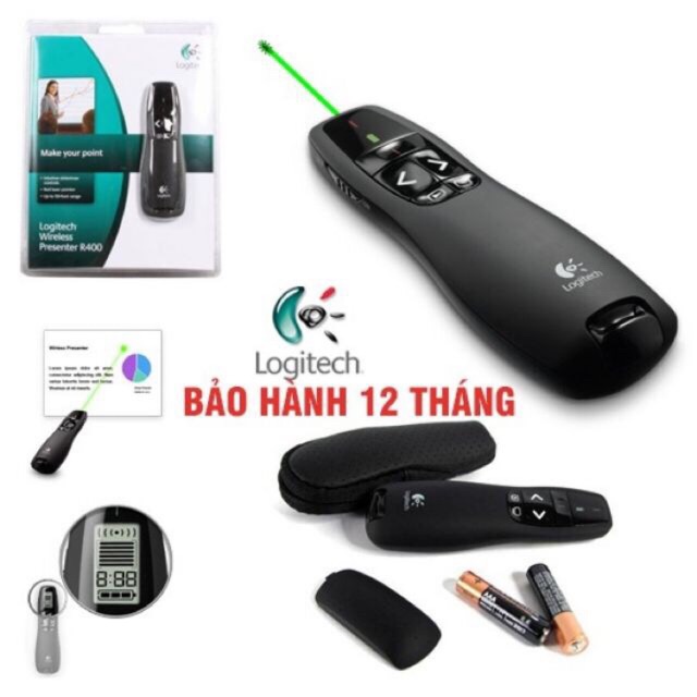 Bút trình chiếu logitech R400 + tặng kèm bao da + pin bảo hành 12 tháng