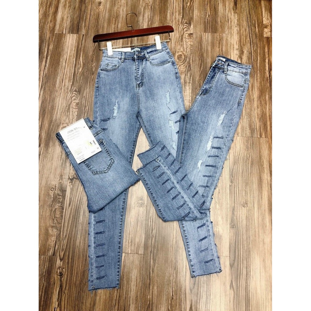 Quần jean nữ lưng cao RÁCH DÀI HAI HÔNG XUỐNG LAI mẫu mới cực đẹp, chất jean giãn tốt d-1-171