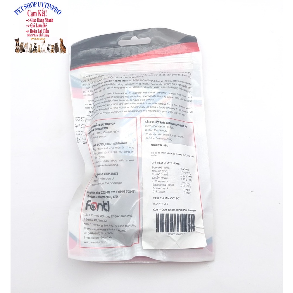Xương gặm cho Chó FONTI INU C24-1 Hương que da bò xông khói quấn gà Gói 100g Làm sạch răng Hàm chắc khỏe Sx tại Việt Nam