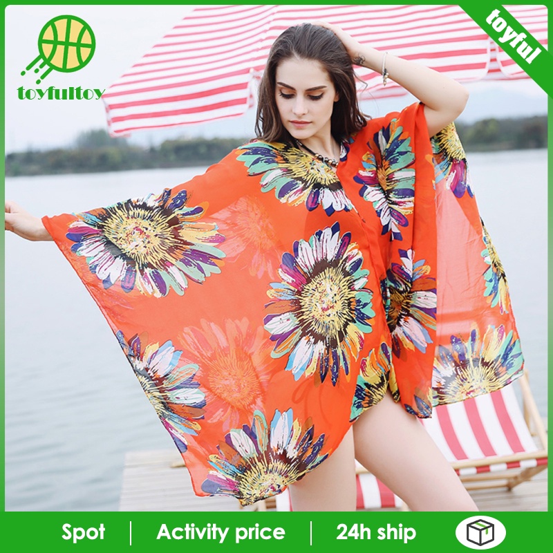 [Toyfulcabin] Áo Choàng Kimono Voan Màu Đỏ Đi Biển Cho Nữ