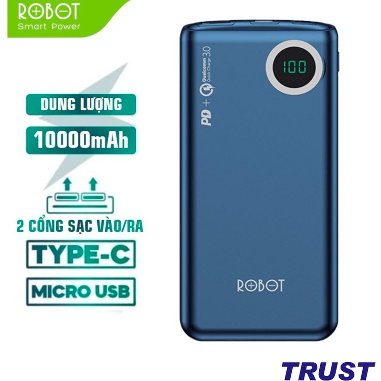 10000mAh Pin Sạc Dự Phòng ROBOT RT100Q, RT190, RT180, RT190S W11 Chuẩn Sạc Nhanh đèn LED hiện thị mức PIN - BH 12 THÁNG