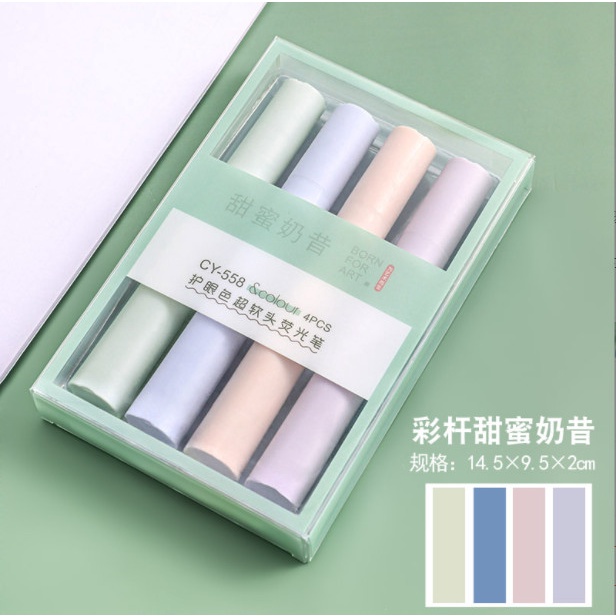 Set 4 bút dạ quang, bút hightlight, bút đánh dấu dáng trụ tròn nhỡ tông pastel BAG U S4BNTRU