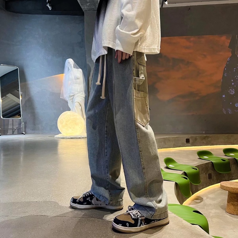 Quần denim đen ống rộng thời trang đường phố Hong Kong phong cách xuân hè cho nam