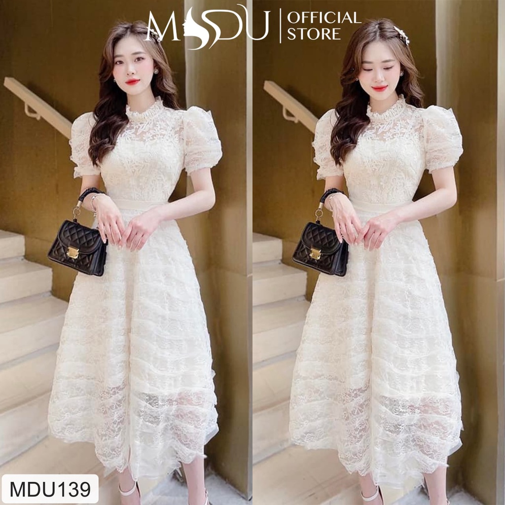 Đầm ren nữ dáng xòe tay bồng tiểu thư trắng MDU139 - THỜI TRANG THIẾT KẾ MDU