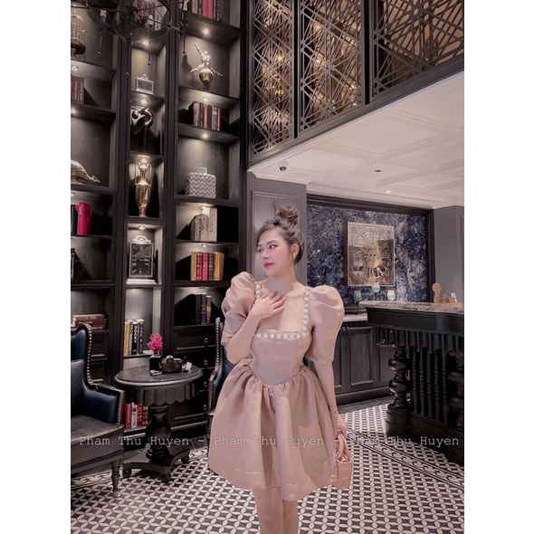 Đầm váy tafta ngắn xoè tay bồng/phồng đính cườm tiểu thư công chúa hot girl đi chơi dự tiệc sang trọng cao cấp quý phái