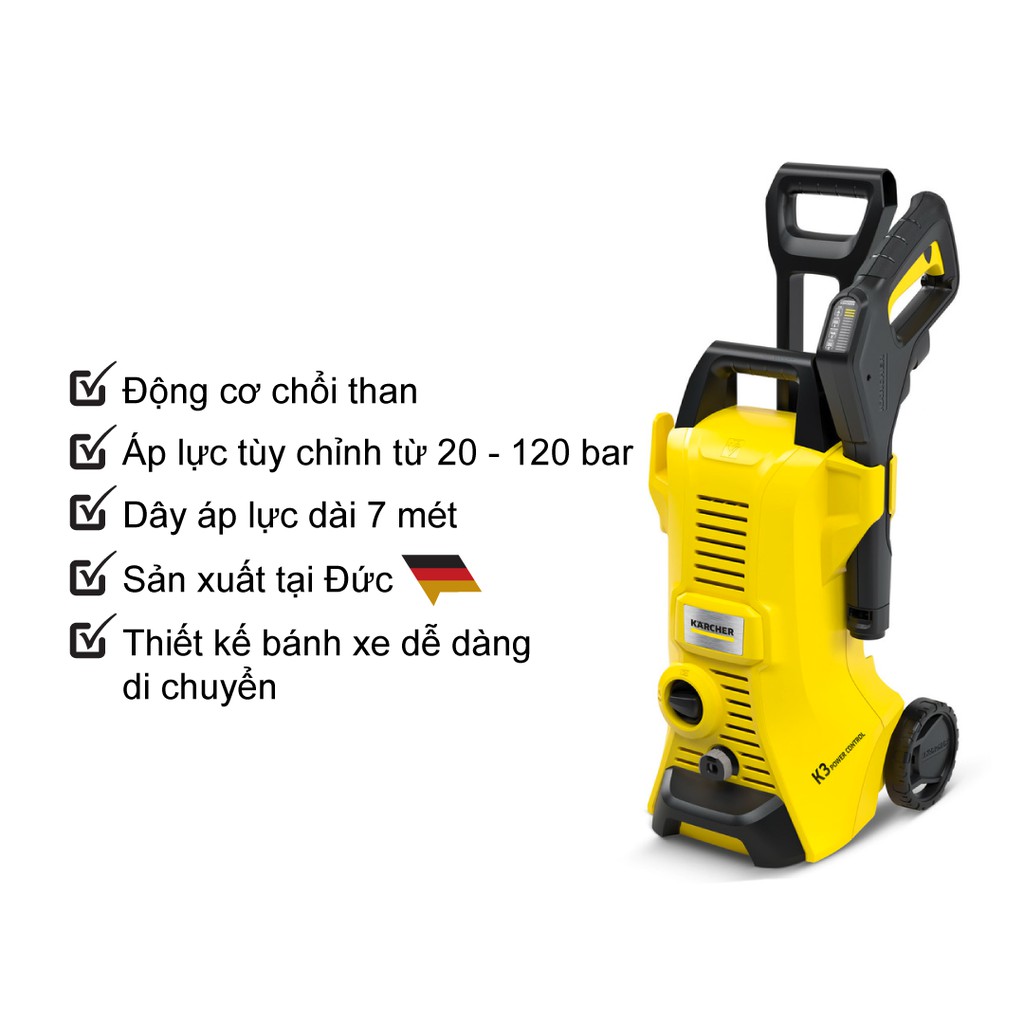 (Sản xuất Đức) Máy xịt rửa xe Karcher K3 Power Control động cơ chổi than công suất 1600w áp lực 20-120 bar