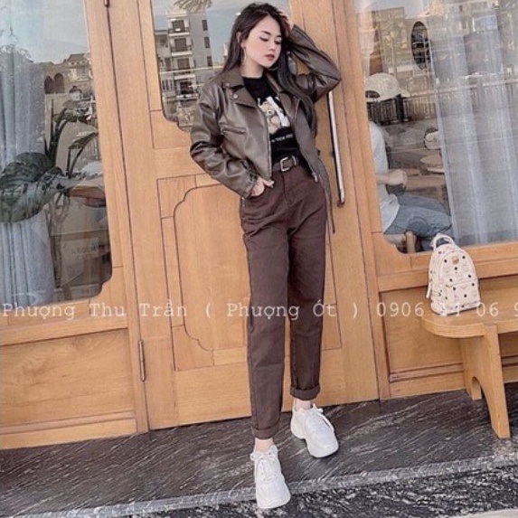 Quần jeans FOREVER 21 denim kaki baggy lưng cao xắn gấu màu nâu