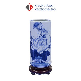 Ống cắm hương men Lam Trắng Trơn họa tiết SEN, đồ thờ cúng Phùng Gia - Gốm sứ Bát Tràng cao cấp