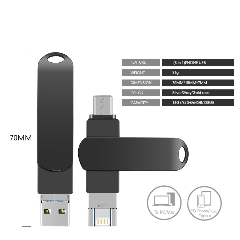 Ổ đĩa flash USB OTG cho loại C/Iphone 16/32/64/128/256/512GB 3 trong 1 bằng kim loại