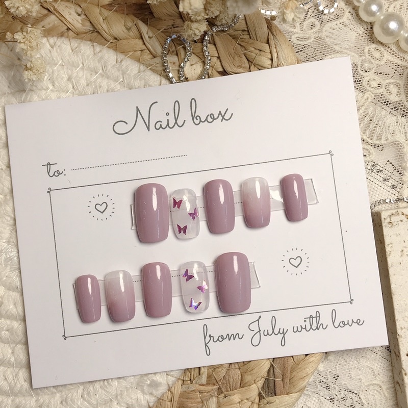 Nailbox thiết kế giá rẻ màu tím pastel ẩn bướm, móng úp thiết kế tặng kèm keo và dũa nb014 julynails.vn