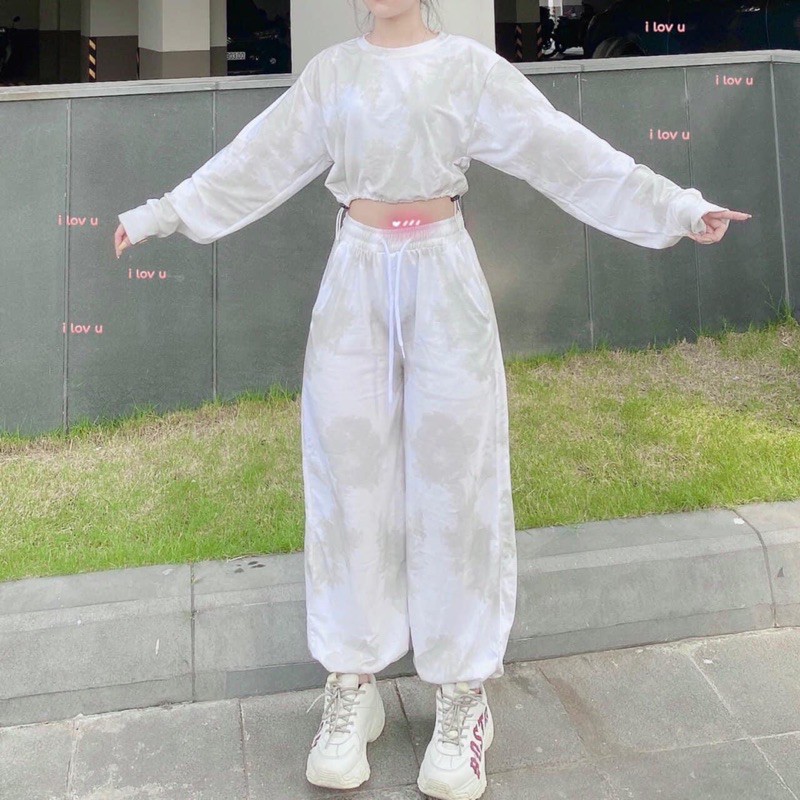 Set Jogger LongPant Loang_CropTop Loang Tay Dài Dây Rút