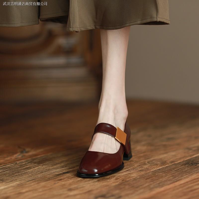 Giày Mary Jane mũi vuông đế dày màu đỏ rượu vang phong cách cổ điển thời trang 2022 dành cho nữ