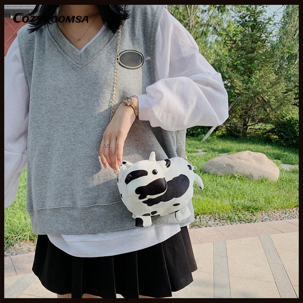 Túi Đeo Chéo Họa Tiết Bò Sữa Nhồi Bông Xinh Xắn Dành Cho Nữ