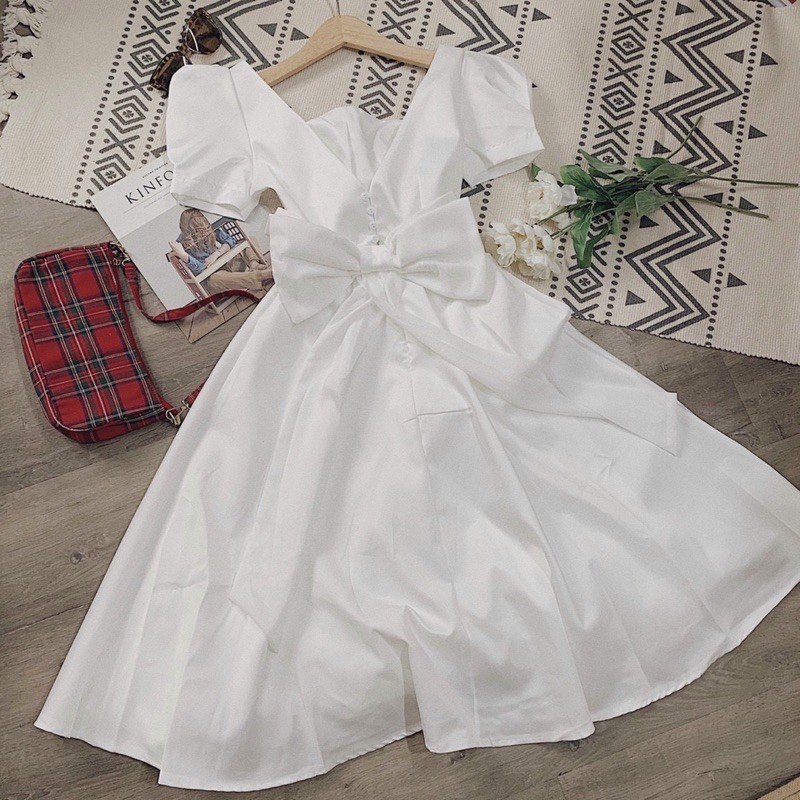 Đầm tay bồng cổ vuông nơ lưng xinh xắn | BigBuy360 - bigbuy360.vn