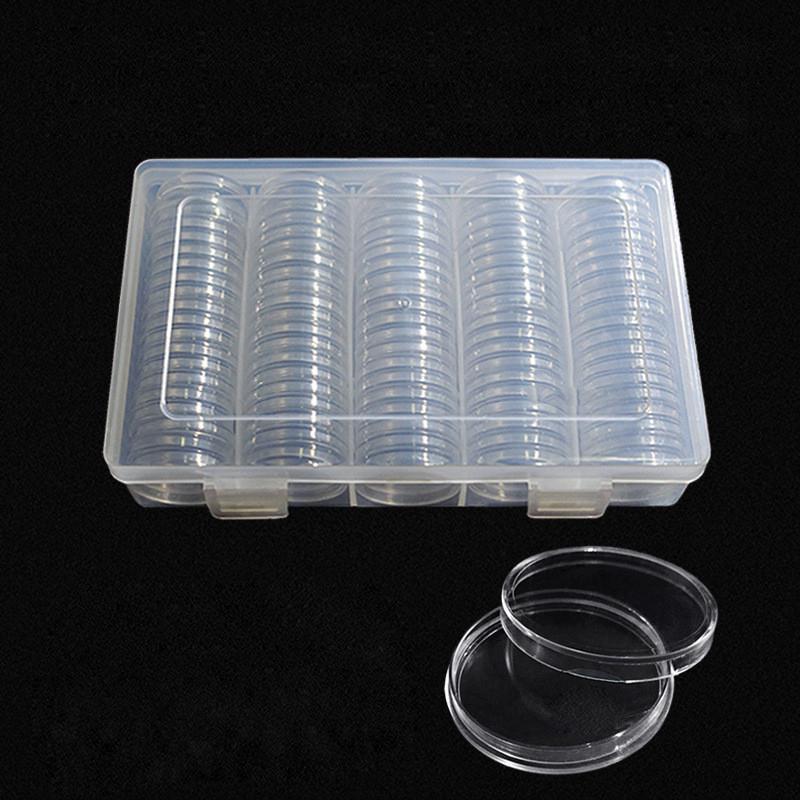 100pcs 27mm Plastic Clear Round Cases Coin Storage Capsules Holder Container+Box