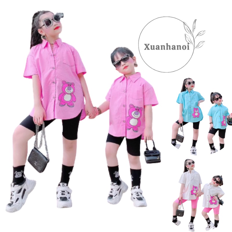 Bộ bé gái áo sơ mi cổ đức dáng thụng và quần Legging size Nhí và Đại 8-40kg XHN847