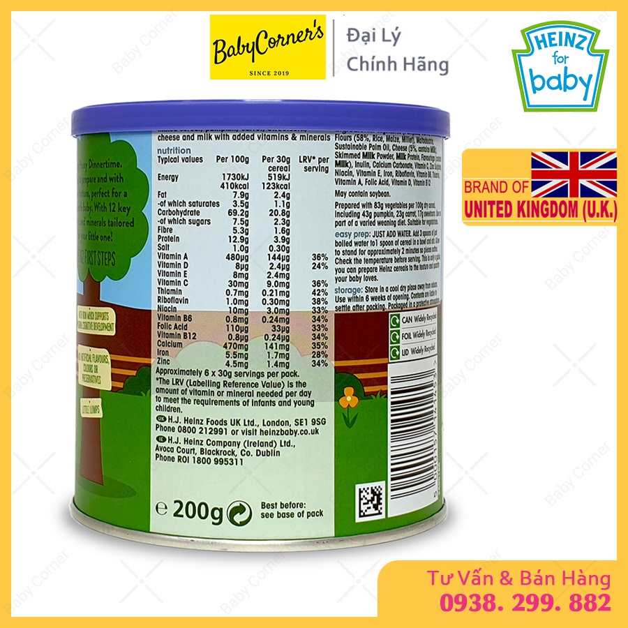 Bột Ăn Dặm Heinz Vị Ngũ Cốc, Cà Rốt, Phô Mai Và Bắp Ngọt Nghiền Cho Bé Từ 7 Tháng hộp 200g