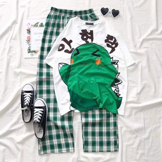 Set áo tay lỡ khủng long chữ hàn quốc + quần dài caro unisex