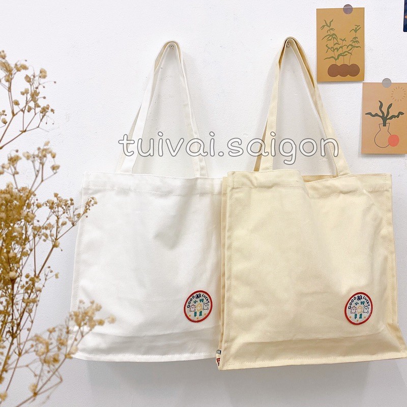 ẢNH THẬT Túi tote túi vải canvas dáng vuông be và trắng