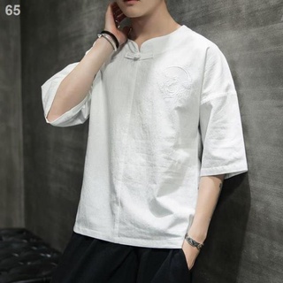 Xả Áo thun nam ngắn tay vải lanh phong cách Trung Quốc mỏng mùa hè V- cổ thêu Phù hợp với xu hướng Hanfu cotton và xịn