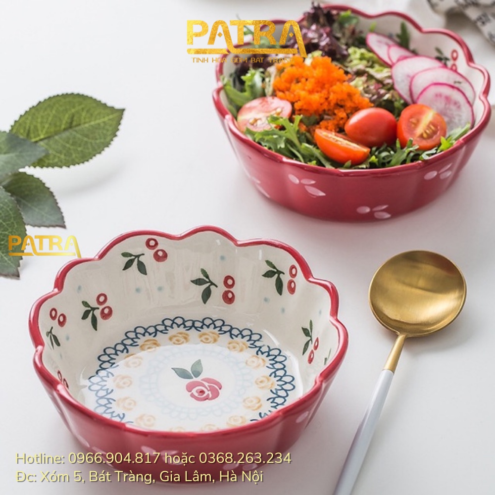 Bát sứ tròn miệng lượn hoạ tiết cherry phong cách Bắc Âu, bát đĩa Cherry hoa hồng cao cấp