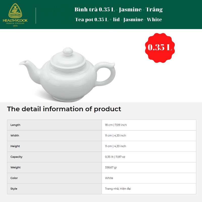 Bình trà 0.35 L - Jasmine - Trắng