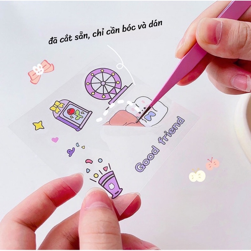 Set 20 tấm 100 miếng sticker hoạ tiết hoạt hình dễ thương, trang trí sổ tay, ốp điện thoại, bình nước Tiệm Ốc Sột