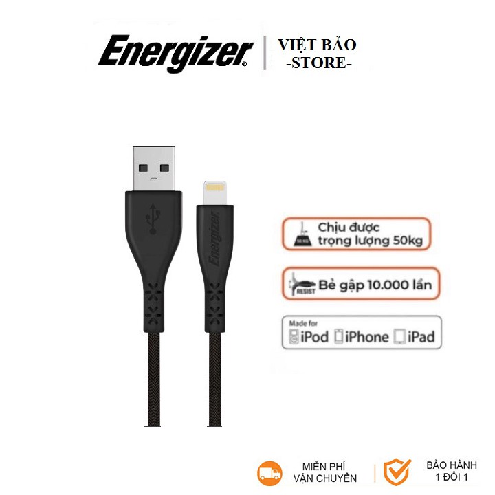 Cáp Sạc iph.one Energizer siêu bền , dài 1.2M ( usb-A to Ligh.tning)- Bảo hành 6 tháng