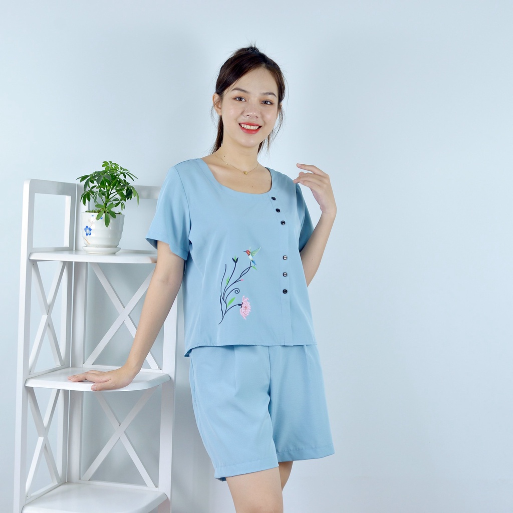 Bộ đồ nữ MÀU XÁM XANH IN HOA THÚ ĐIỂM NHẤN HÀNG NÚT   - vải lụa cao cấp - Cực Kì Sang Chảnh - Qúy phái